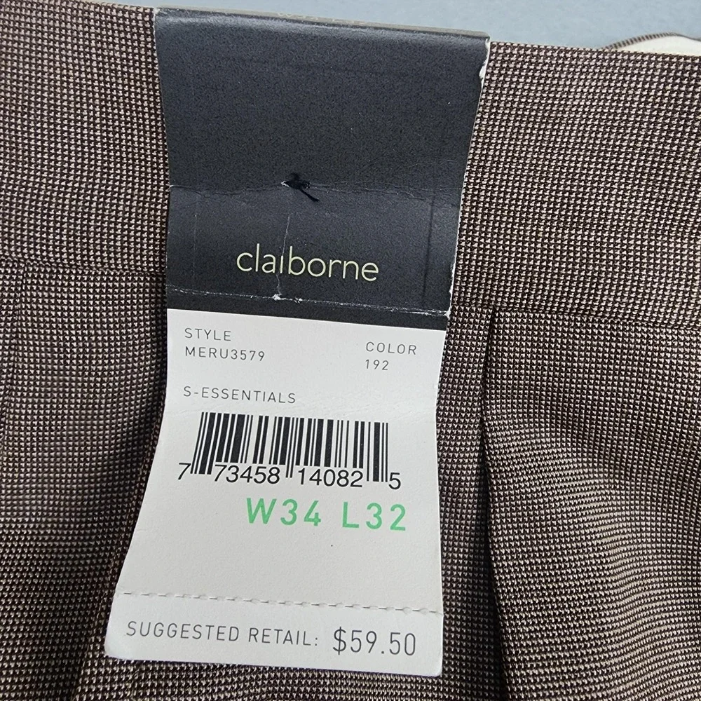 Claiborne Dress Pants Mens 34x32 Brown Check S-Essentials Pleated Cuffed Hem NWT